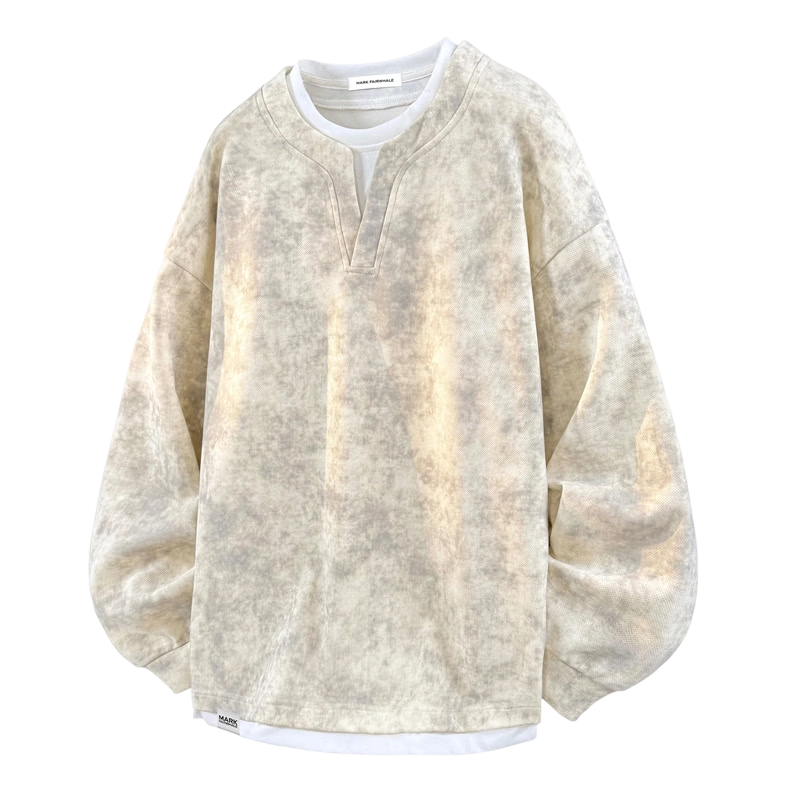 MARK FAIRWHALE Men's Hoodie Spring Autumn American Style Fake Two-Piece Tie-Dye Casual Base Shirt Khaki 3XL