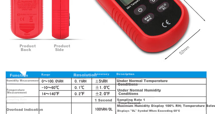 UNI-T UT333 Mini Digital Temperature and Humidity Meter Handheld Large Screen with Backlight Industrial Grade Digital Thermometer 7