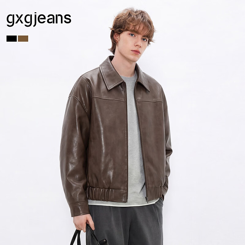 Gxgjeans Men's Spring 2025 New Turn-down Collar PU Leather American Style Jacket Brown 180/XL