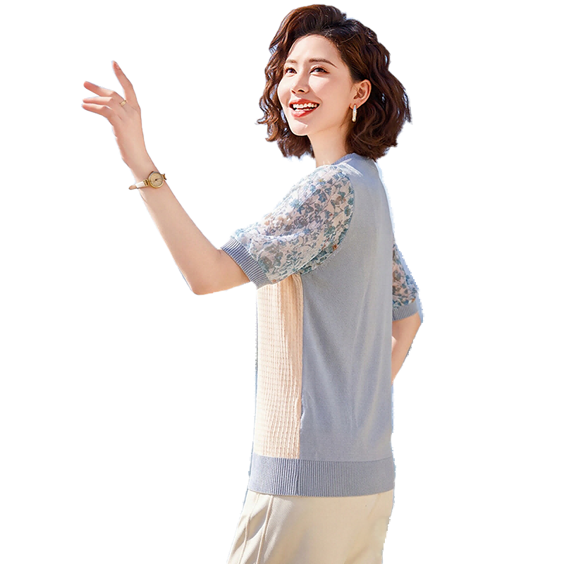 Yuzhaolin Summer Middle-Aged and Elderly Women's Mid-Sleeve Knitted Chiffon T-Shirt for Moms Age 40-50 Y52T160
