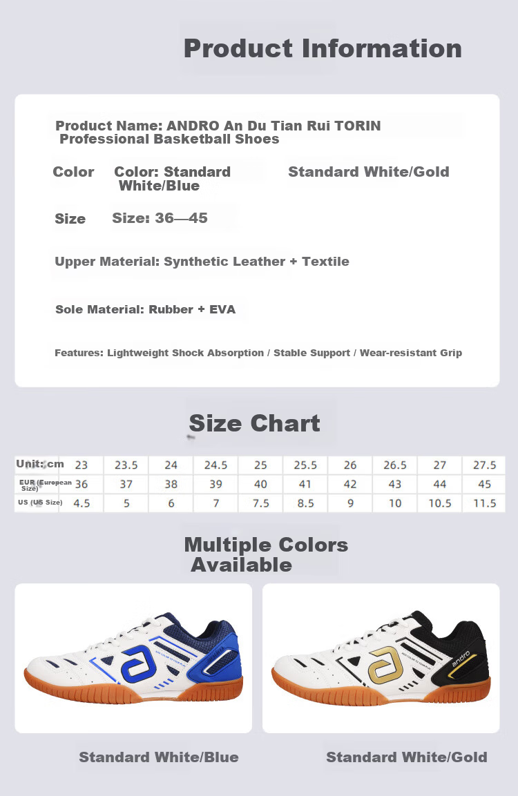 ANDRO An Duo Table Tennis Shoes Men Women Non-slip Wear-resistant Sports Shoes Tianrui TORIN White Blue Size 41 4