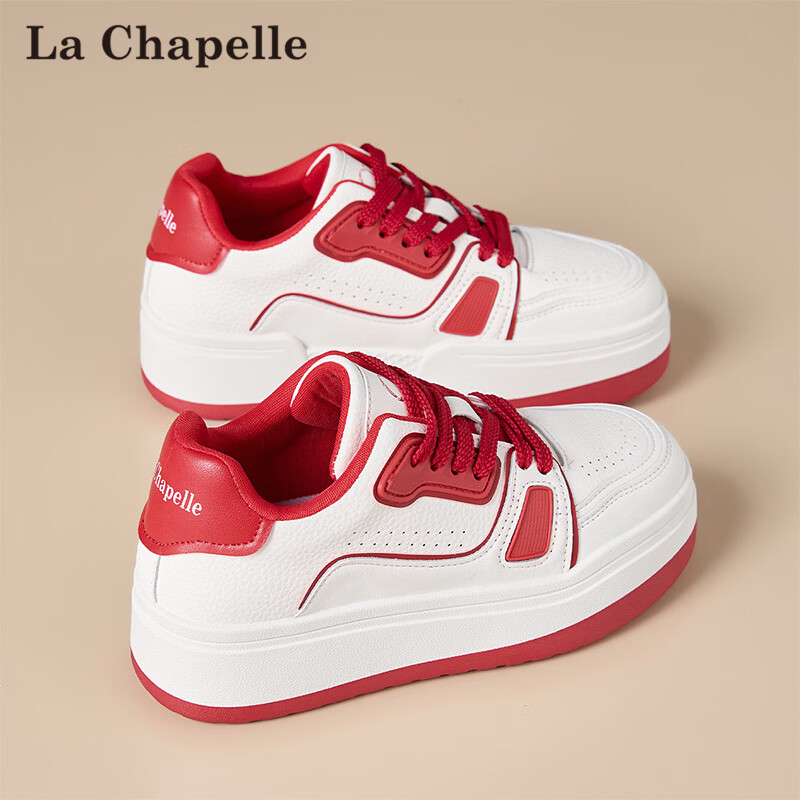 La Chapelle Women's Retro Thick-Soled Casual Sneakers Height-Increasing Versatile Sports White Shoes 655 Red Size 35