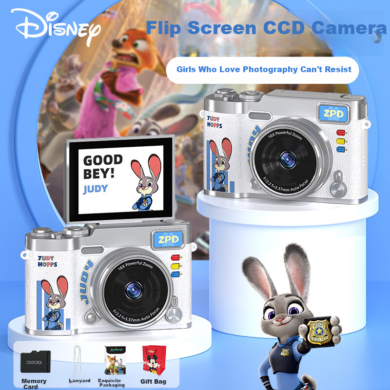 Disney Zootopia Kids Camera CCD Alternative Student Flip Screen Portable Entry-Level Camera for Photography Travel Boys Girls Birthday Lantern Festival School Gift X2 Judy