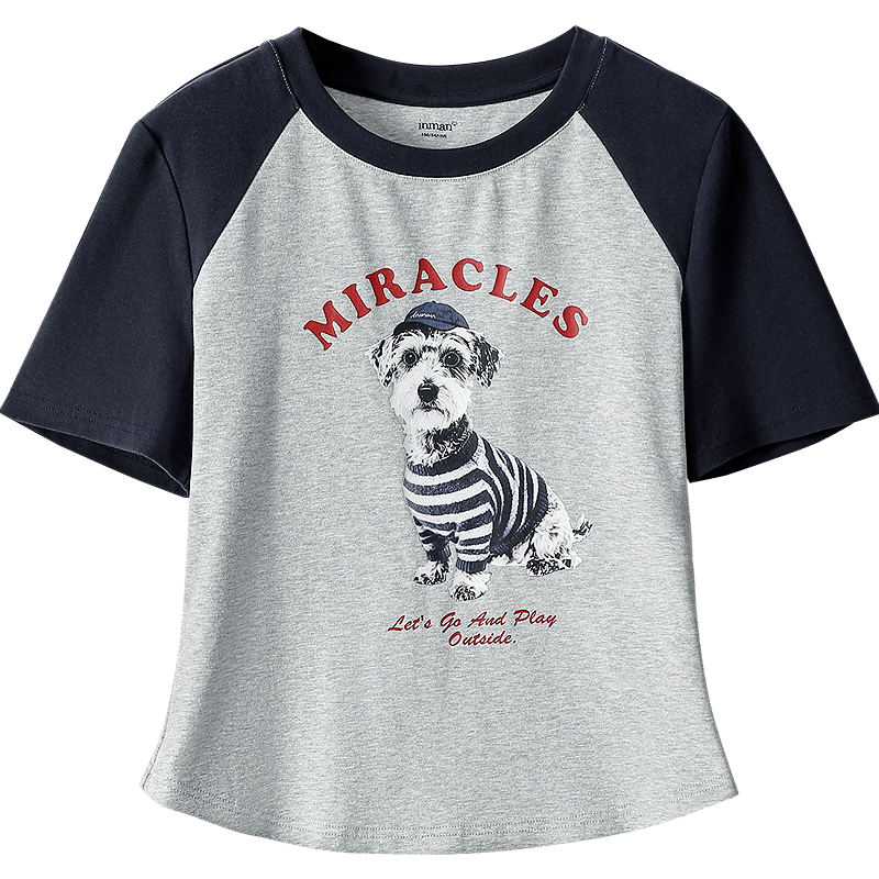 INMAN Age-Reducing Puppy Print Color-Block Short Sleeve T-Shirt 2026 Summer Women's New Regular Fit Top Royal Blue L