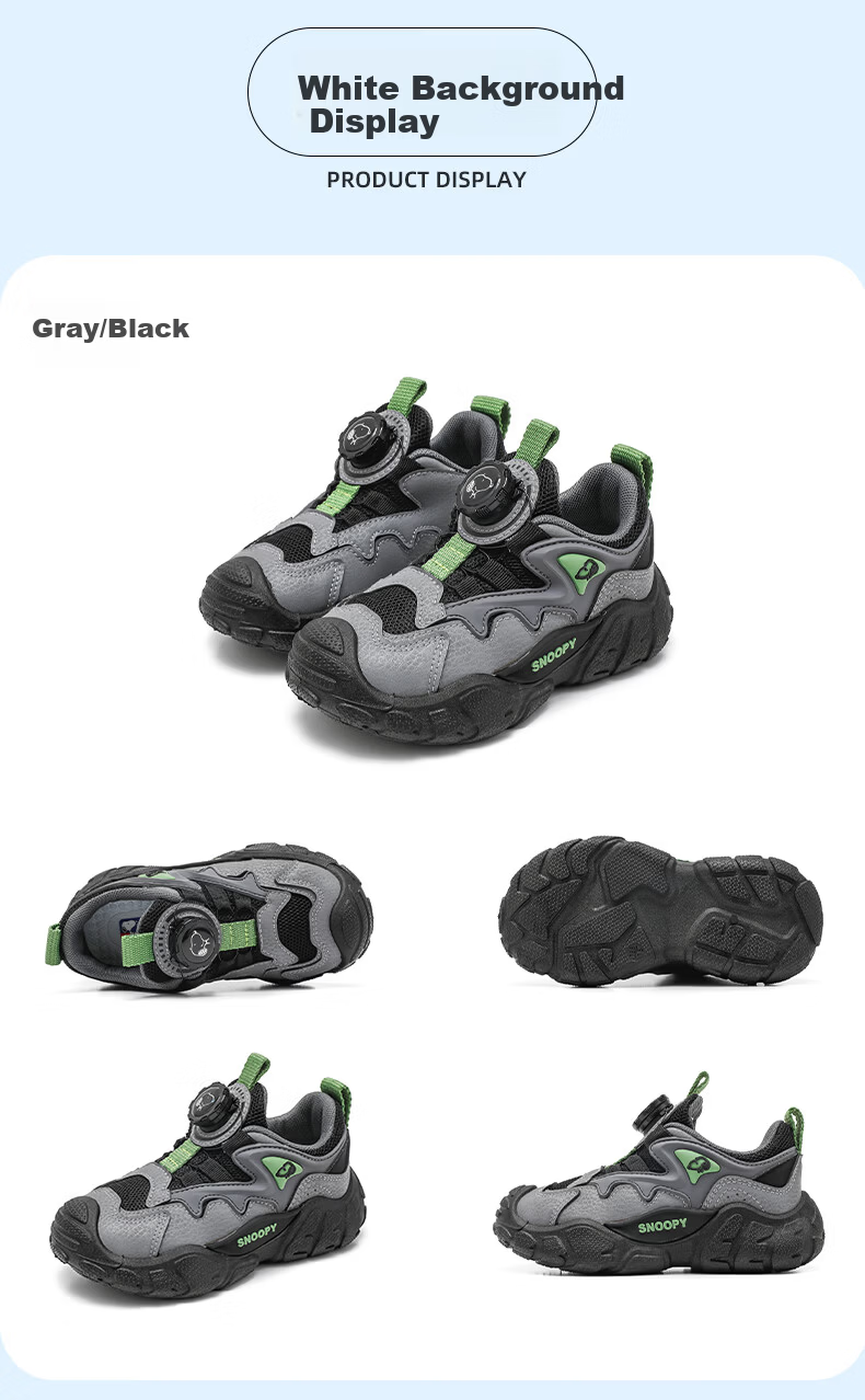 SNOOPY Kids Running Shoes Spring Autumn Boys Lightweight Versatile Sports Shoes Outdoor Casual Shoes 0014 Gray/Black Size 34 5