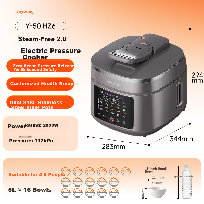 Joyoung Premium Electric Pressure Cooker 1st Gen 5L High Pressure 112KPa IH Smart Reservation Non-Coated Baby-Safe 316L Double Spherical Soup and Rice Cooker Y-50IHZ6