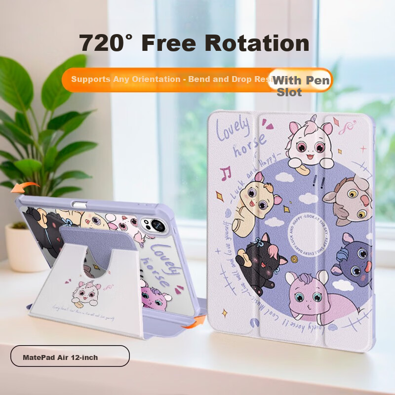 Aswa Huawei MatePad Air 12 2024 Case 12-inch with Pen Slot 360-Degree Rotatable Cartoon Painted Protective Cover Anti-Drop Anti-Bend Tri-Fold Stand