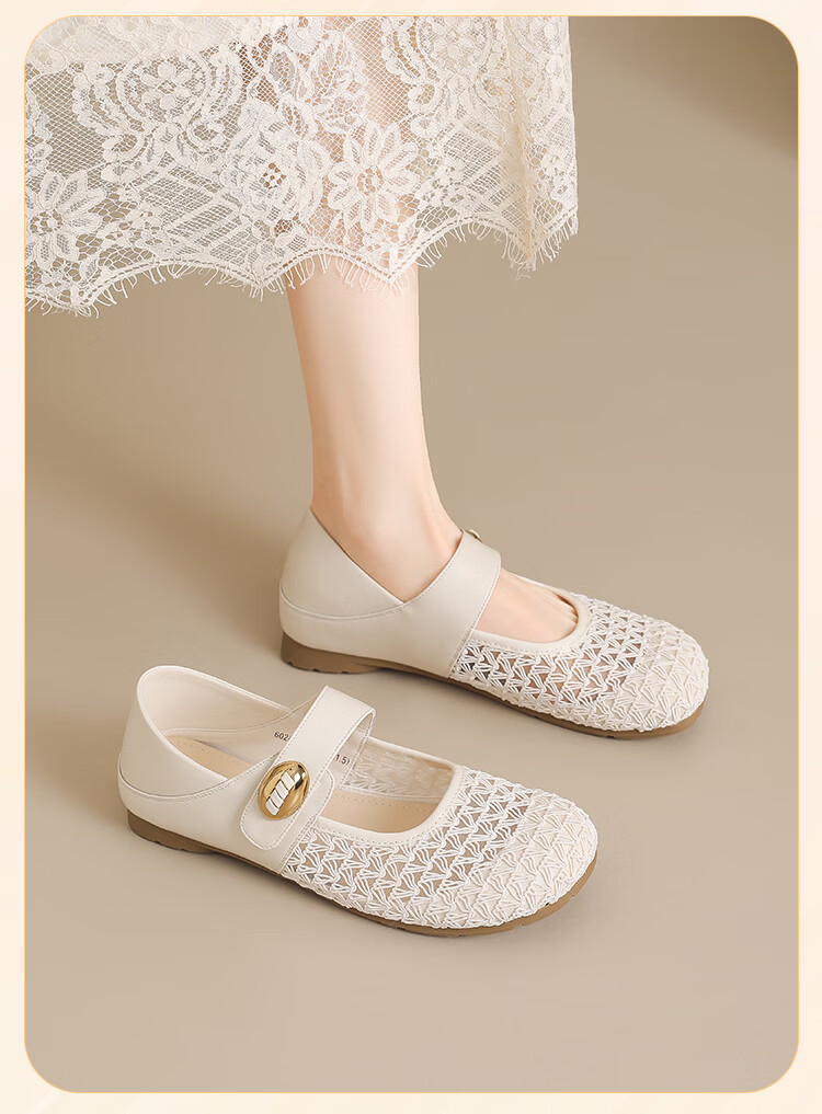 Josiny Mary Jane Shoes Women French Style Low Heel Chunky Heel Shallow Mouth Flats with Skirt Off-White Size 35 11