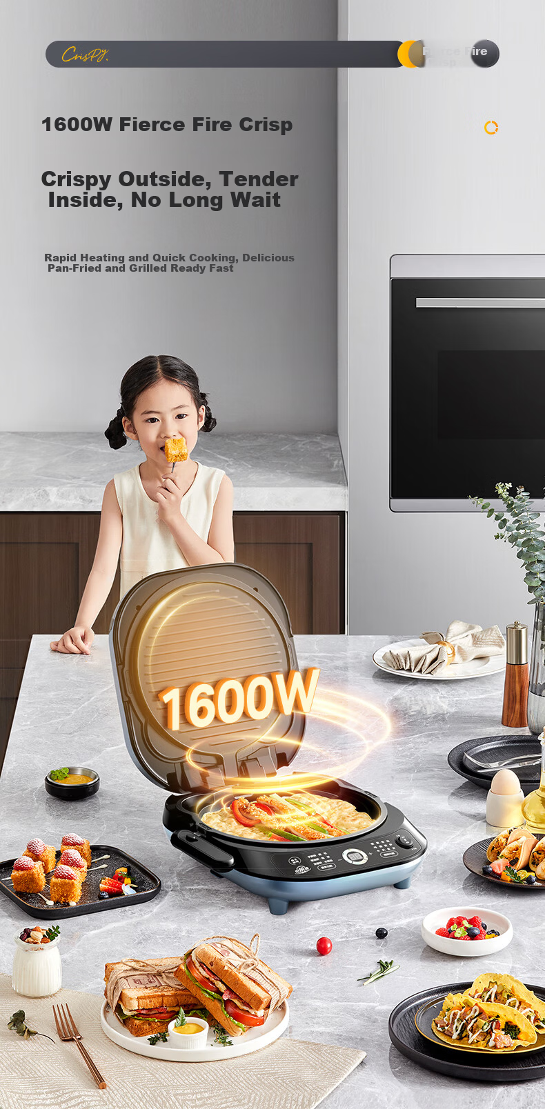 Midea Electric Griddle JKC3077Ti Detachable Upper and Lower Plates Smart Home Use 0-Fluorine Titanium Ceramic Double-Sided Heating Sandwich Breakfast Maker Pancake Grill Pan 8