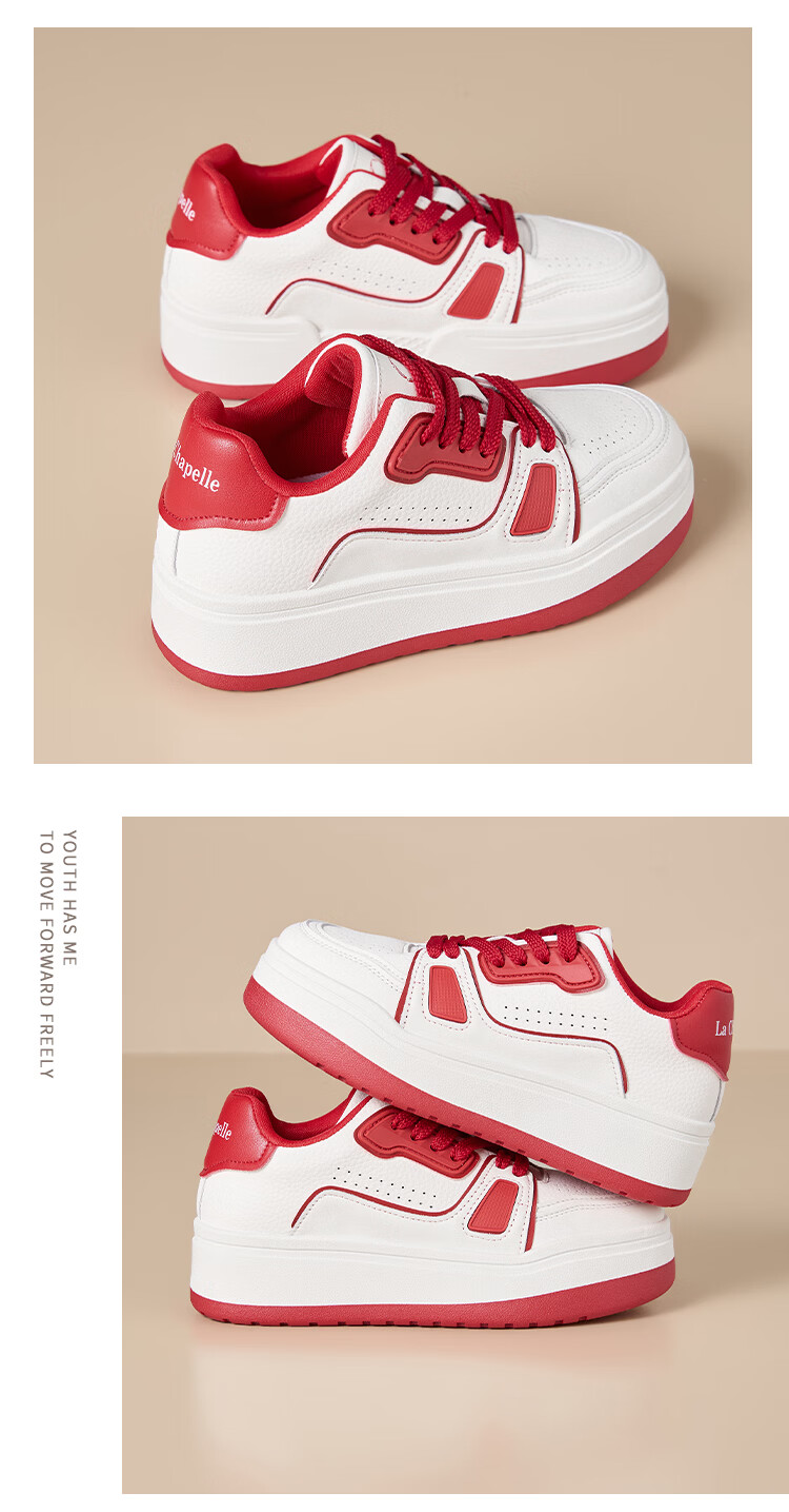 La Chapelle Women's Retro Thick-Soled Casual Sneakers Height-Increasing Versatile Sports White Shoes 655 Red Size 35 9