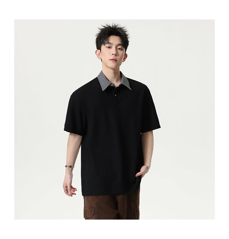 MMOPTOP Vintage Two-in-One Short Sleeve Plaid Jacquard Polo Shirt Men Summer Loose Fit Collared T-Shirt MP21 Black 3XL 13