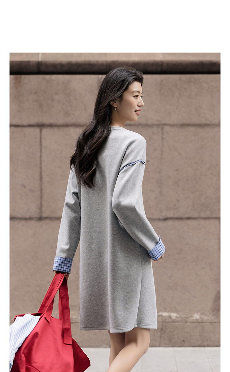 Demana [Comfort Elastic Air Layer] Spring Simple Inset Plaid Loose Short Petite Women's Sweatshirt Dress 11