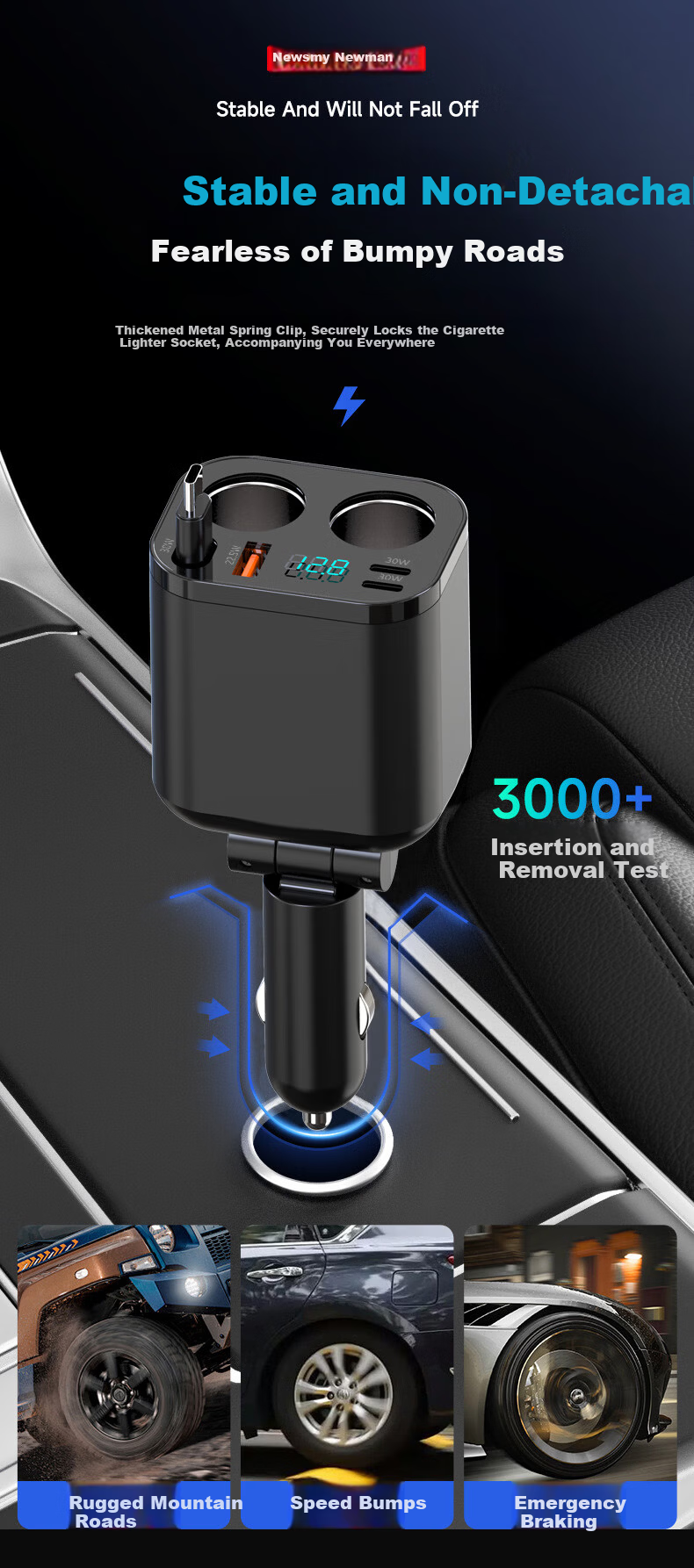 Newsmy Car Charger Cigarette Lighter Adapter with 3-Port PD Fast Charging for Apple iPhone 15/16/17 and Dash Cam Expansion 11