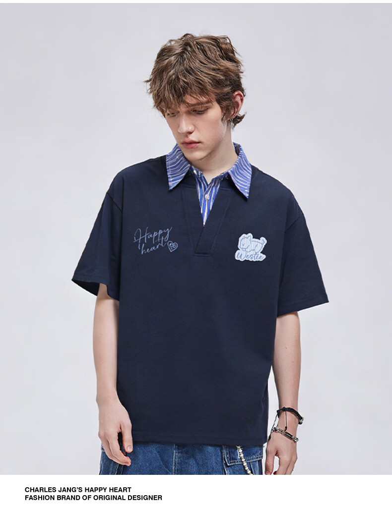 Charles Heart Contrast Collar Couple Pure Cotton Short Sleeve Polo Shirt with Playful Puppy Print Unisex Off-White XS 12