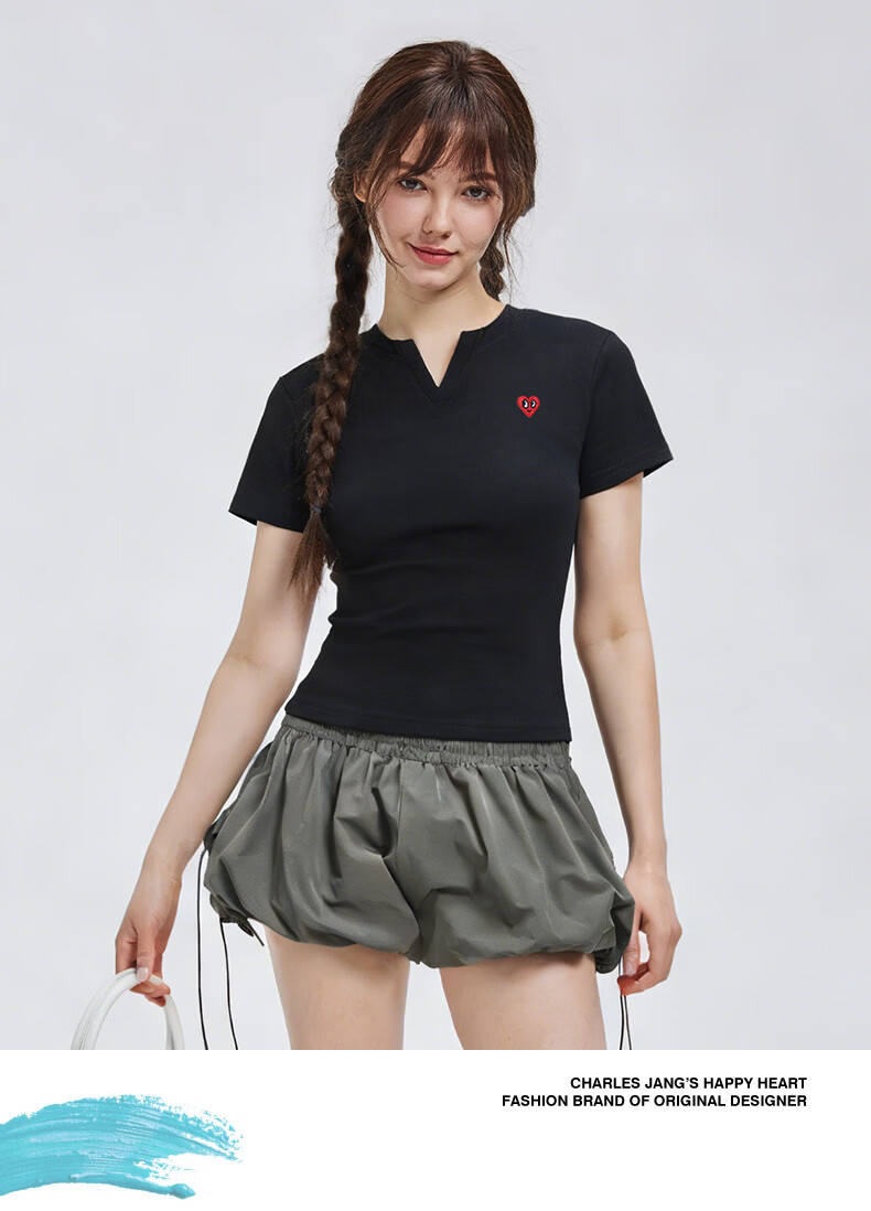 Charles Peach Heart Summer Simple Love Logo Women's V-Neck Short Sleeve T-Shirt Loose Waist Slim Casual Yellow S 4