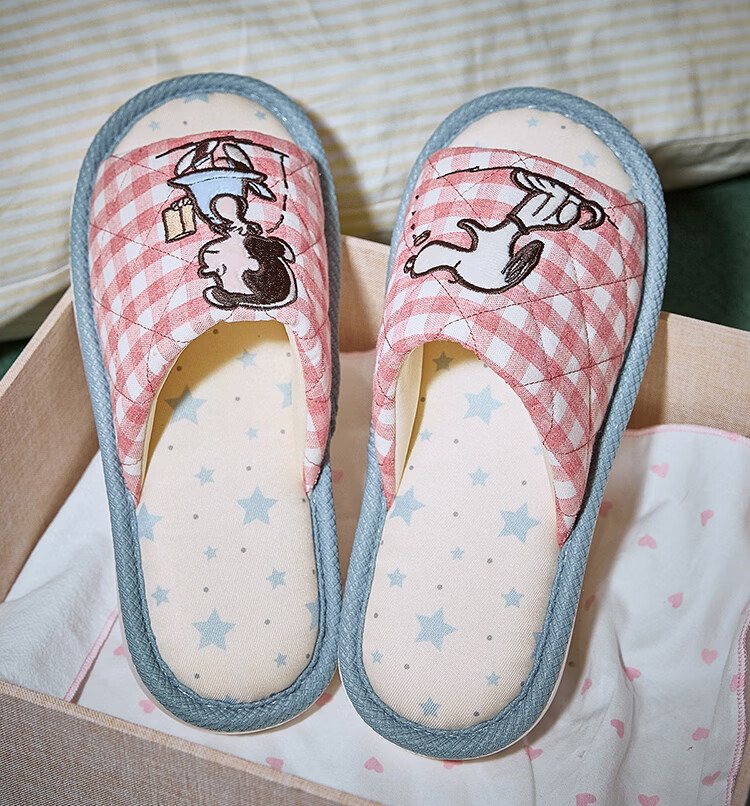 Gukoo Snoopy Plaid Floor Slippers Women's Four-Season Flat Home Slippers Light Burgundy Size 40-41 9