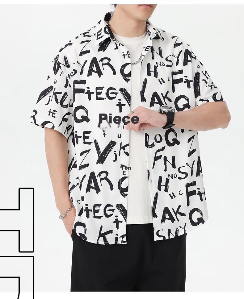 CLOR American Style Ice Silk Men's Spring and Autumn Printed Short Sleeve Shirt Loose Fit Five-Sleeve CLCX12 Cool Letter 2XL 5