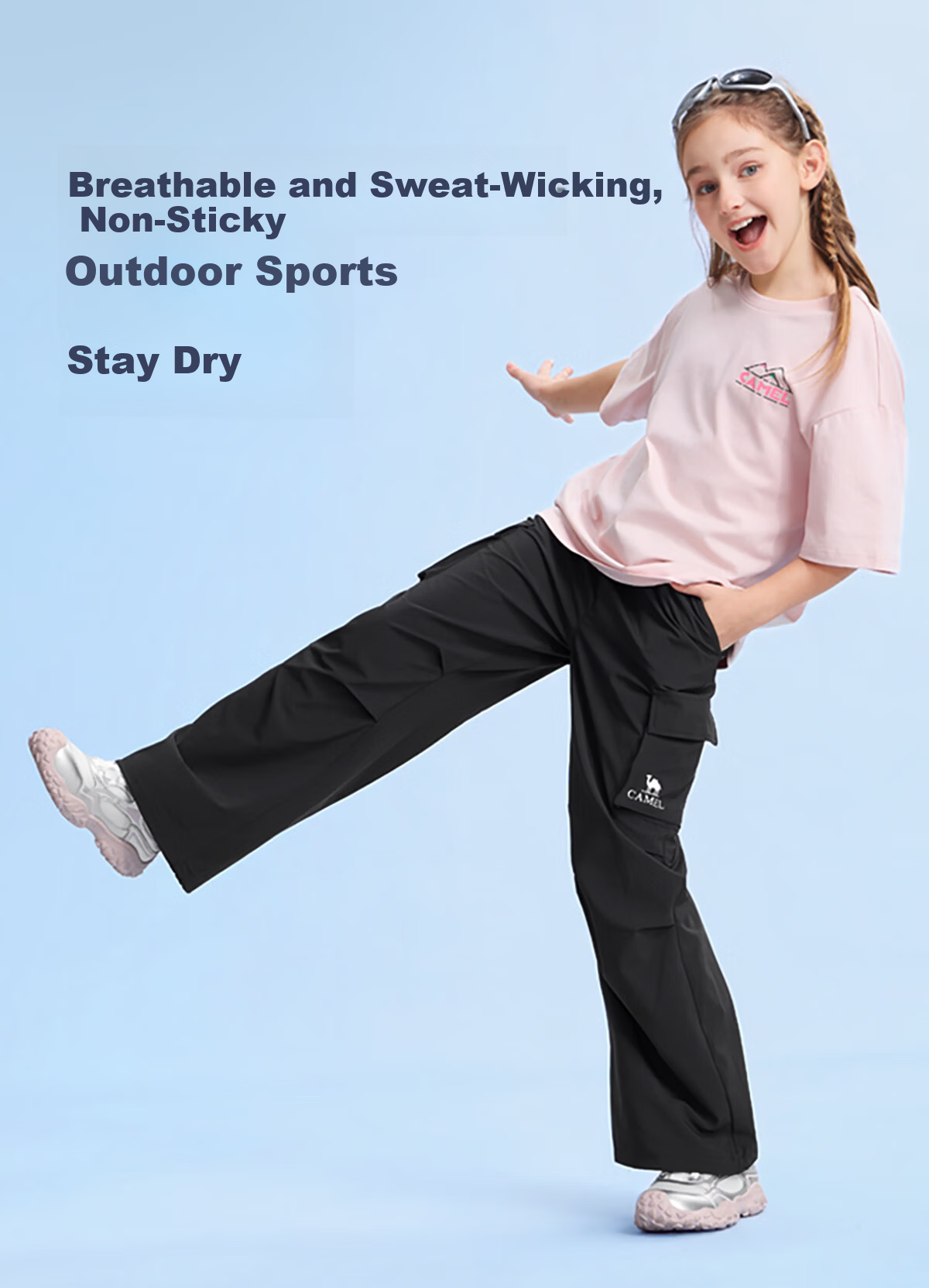 Camel Kids Casual Pants Spring Summer Cool Wide-Leg Cargo Pants Paratrooper Mosquito-Repellent Long Pants for Older Children 4