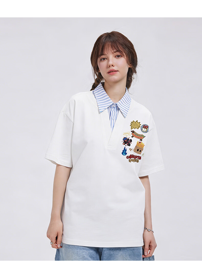 Charles Peach Heart Summer Fake Two-Piece Fun Badge Print Couple Pure Cotton Short Sleeve Polo Shirt Unisex Off-White XS 15