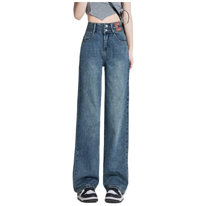 Romon Women's Wide-Leg High-Waist Denim Jeans Summer American Style Loose Casual Slimming Floor-Length Straight Pants Black Gray S