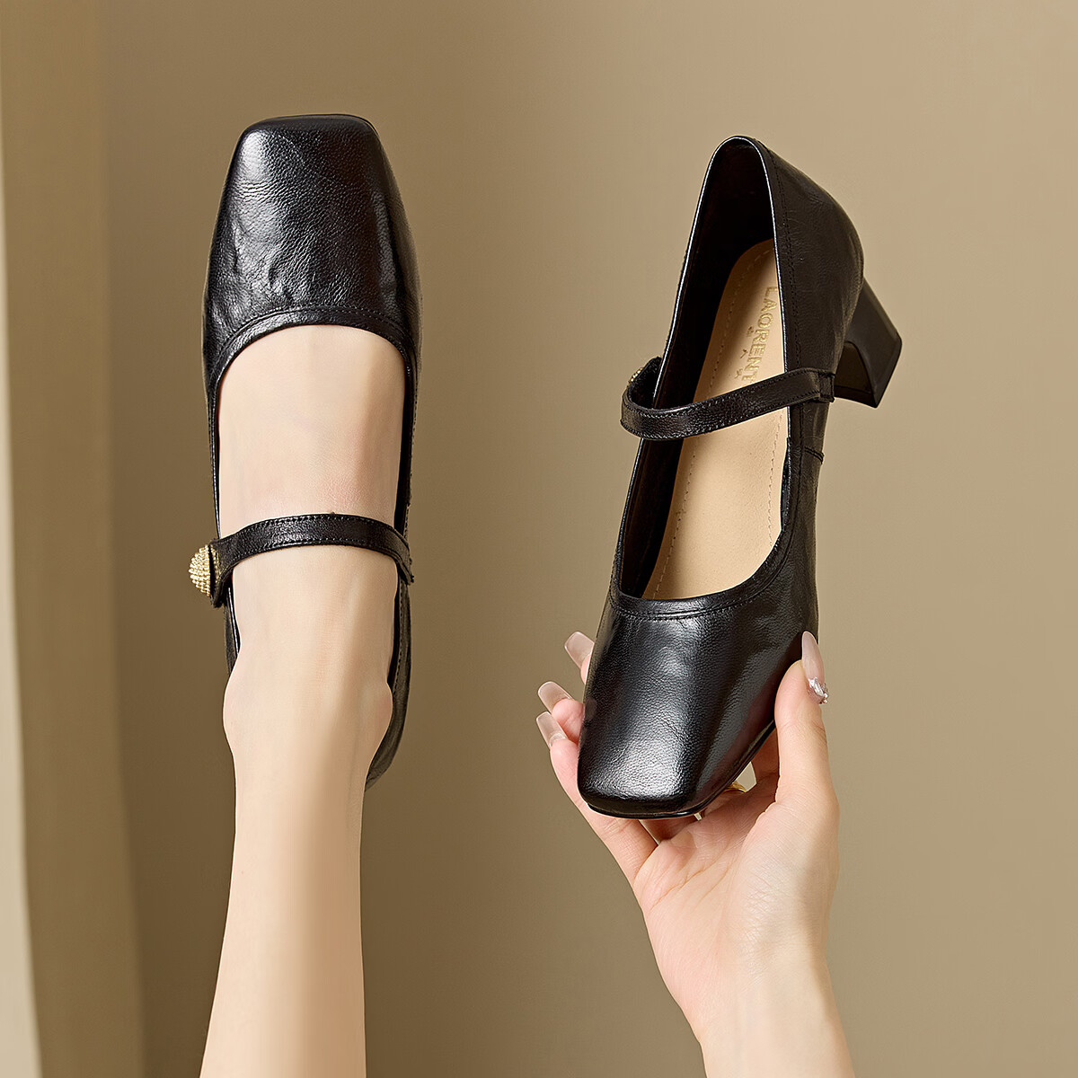 LAORENTOU Women's Shallow Lambskin Mary Jane Shoes Elegant Black High Heels Party Shoes LB15157- Black Size 39