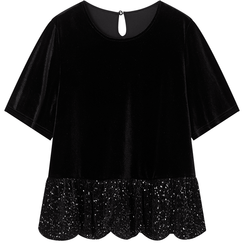 Demana Velvet Glow Black Rose Spring Vintage Modern Round Neck Loose Sequin Ruffle Petite Women's Shirt