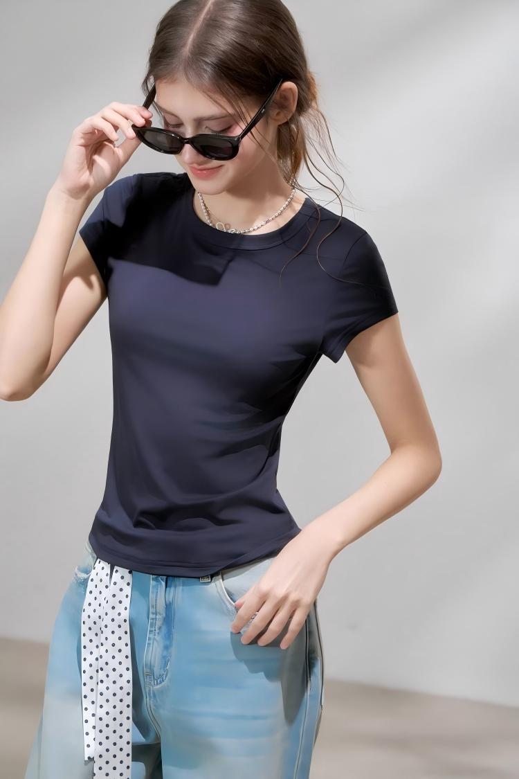 ICH MODE Lyocell Slim Fit Short Sleeve T-Shirt Women Skin-Friendly Cooling Flutter Sleeve Slimming Top Blue L 1