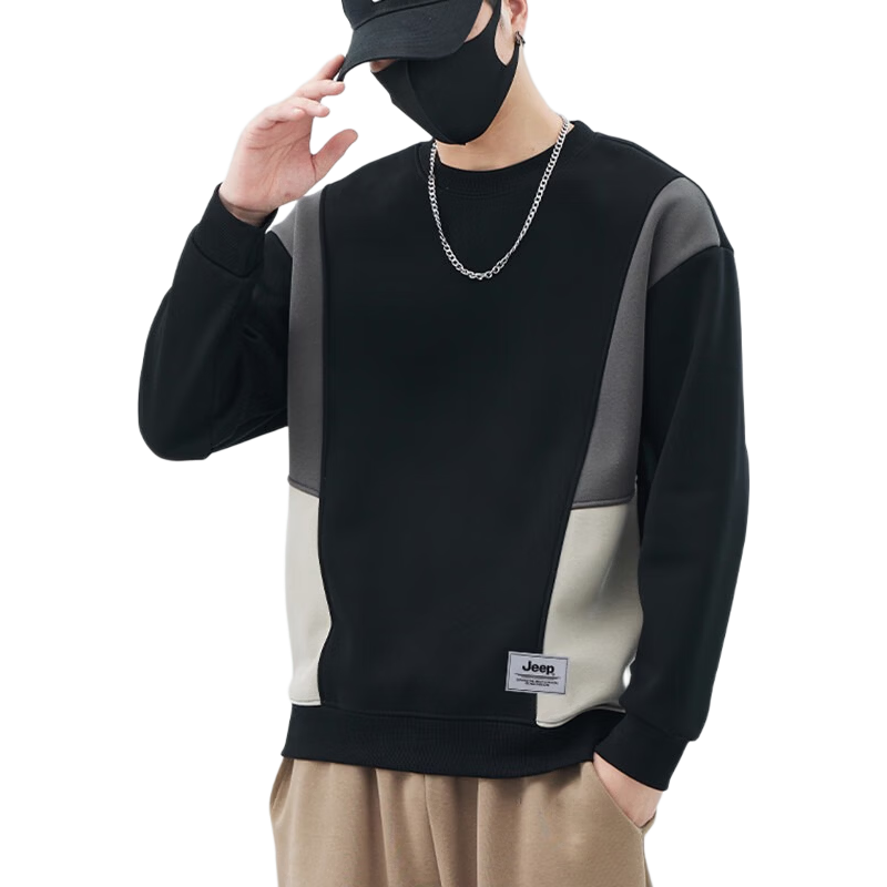JEEP Men's Sweatshirt, Color Block Design, Heavyweight, Spring And Autumn Long-Sleeve T-Shirt, Loose-Fitting Trendy Base Layer Top, Men's Clothing, Black, XL