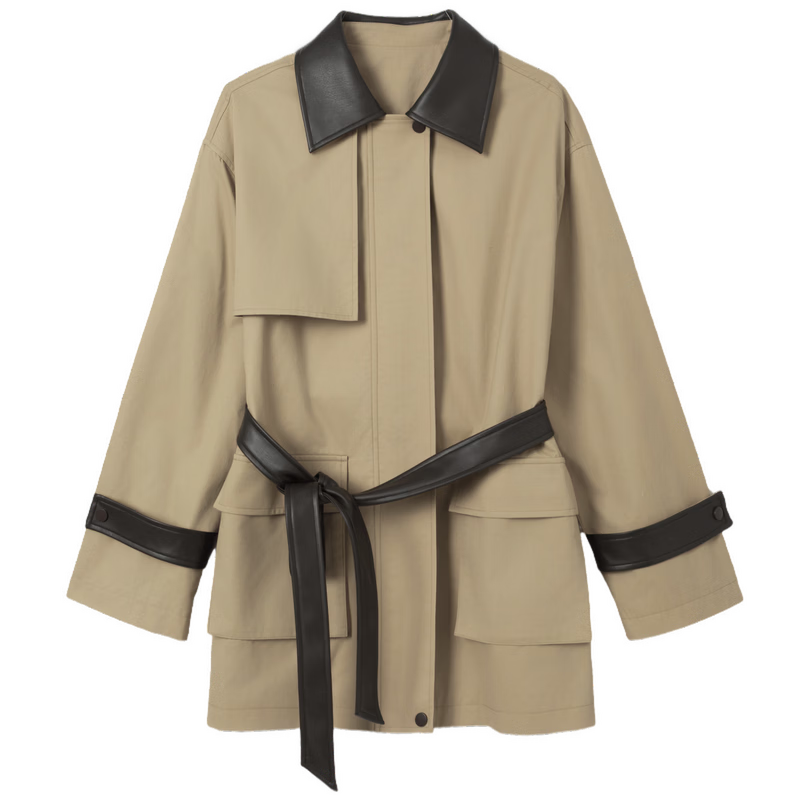 Demana Pure Cotton Barn Style Autumn Color-Block Lapel Splicing PU Patch Pocket Loose Slim Fit Women's Jacket Premium Quality