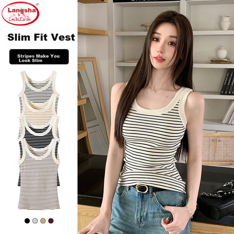 Langsha Women's Striped Slim Fit Vest New Sleeveless Knit U-Neck Tank Top Trendy Layering Shirt