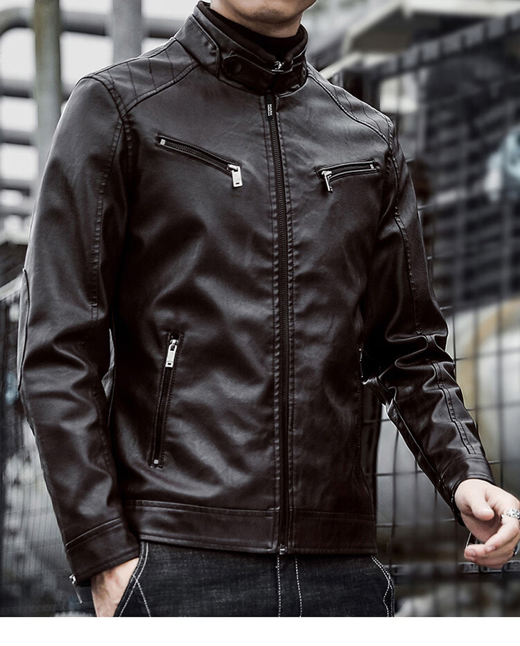 MARK FAIRWHALE Men's Leather Work Jacket Spring Autumn Stand Collar Biker Coat Coffee M 7