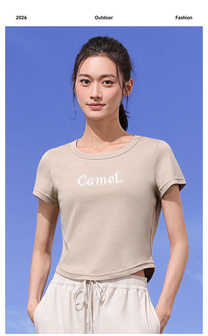 CAMEL Cotton-Feel Sports T-Shirt for Women Quick-Dry Breathable Casual Short Sleeve Top Y26BAVLZ020 Truffle Gray XL 19