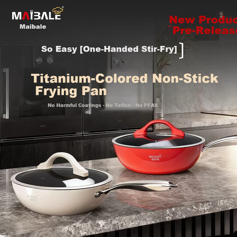 Maybale Titanium Color Non-Stick Ceramic Frying Pan Cherry Red 28cm Gas Stove Flat Bottom Wok