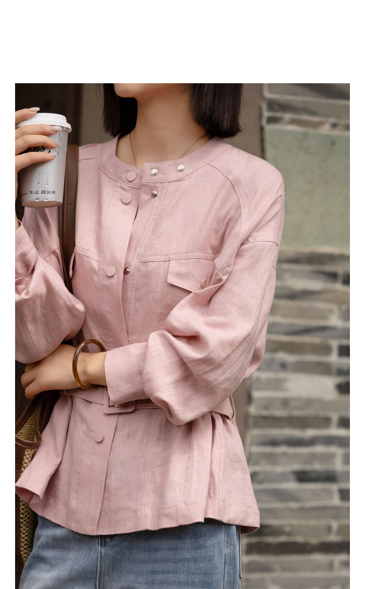 Demana [100% Linen] Spring Moray Series Stand Collar Flap Pocket Adjustable Belt Drop Shoulder Petite Women's Jacket 11