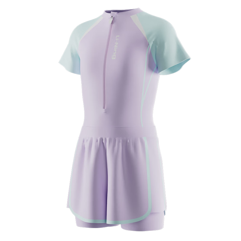 LI-NING Kids Girls Colorblock Short Sleeve One-Piece Square Leg Swimsuit with Swim Cap Set 052 Purple Blue 170