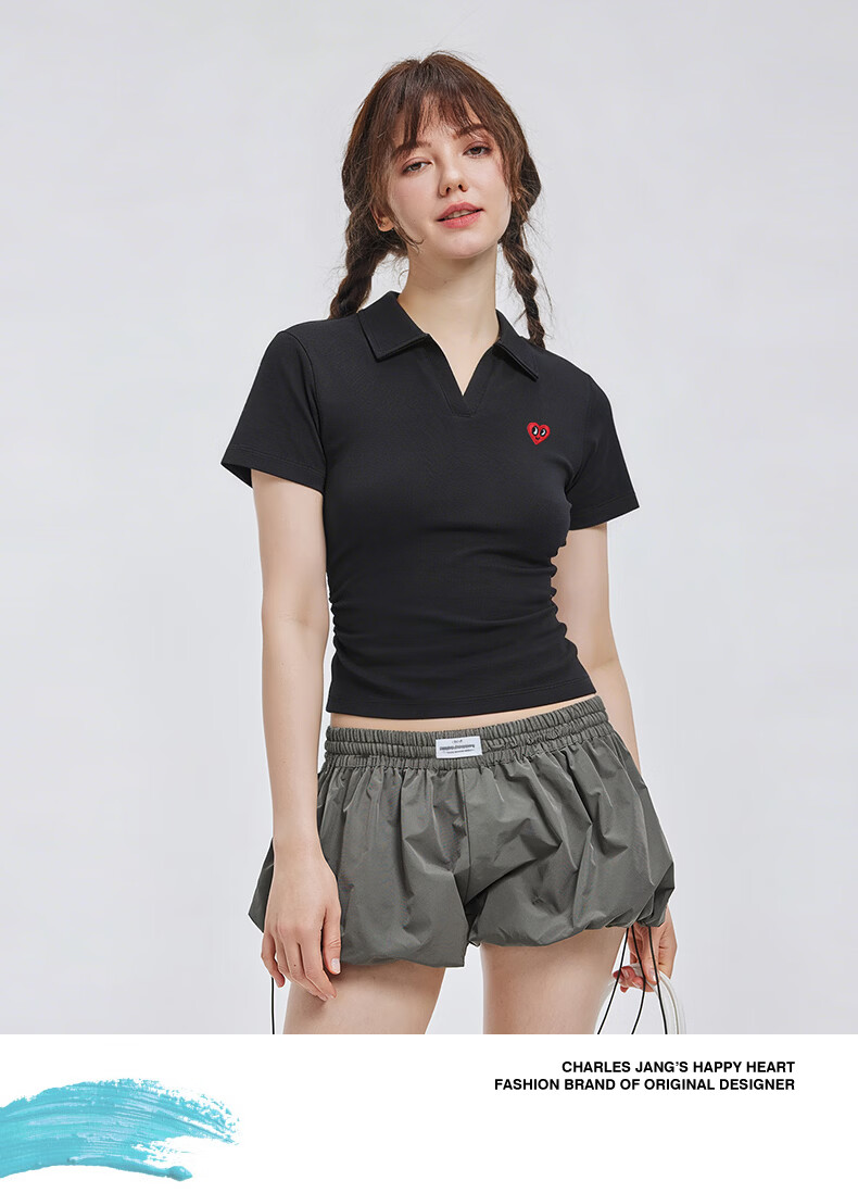 Charles Peach Heart Summer Commuter Style Solid Color Heart Logo Short Sleeve Polo Shirt for Women Simple Slim Fit Light Heather Gray M 4
