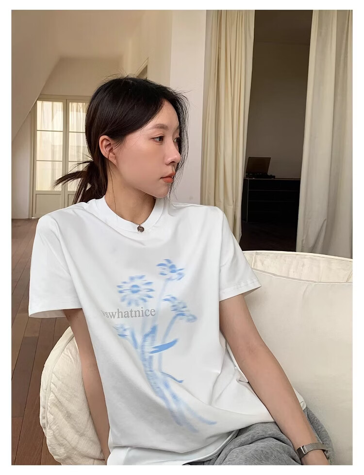 ICH MODE Floral Print Short Sleeve T-Shirt Women Spring Autumn New Korean Style Beautiful Shoulder Tee Navy Blue S 17
