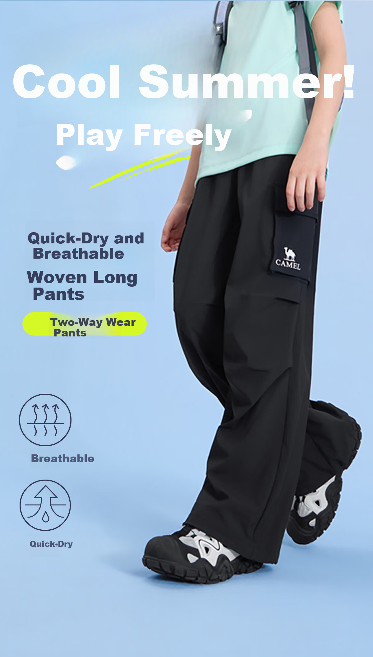 Camel Kids Casual Pants Spring Summer Cool Wide-Leg Cargo Pants Paratrooper Mosquito-Repellent Long Pants for Older Children 2