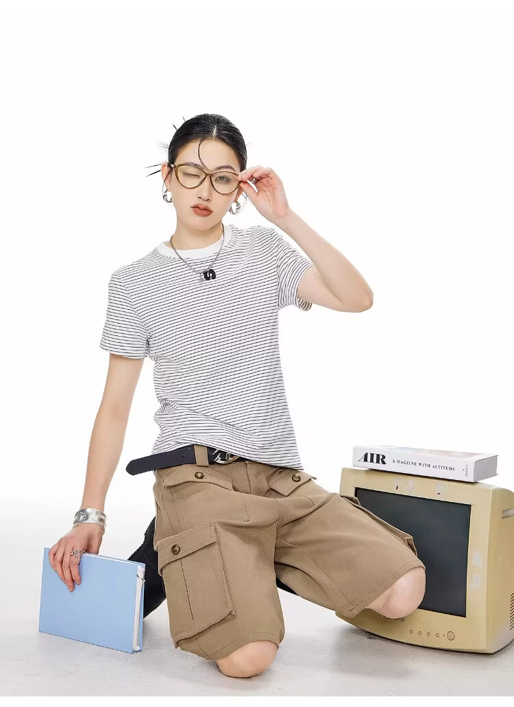 ICH MODE American Style Striped Slim Fit Short Sleeve T-Shirt for Women 2026 Summer New Hot Slim Shoulder Short Top White S 26