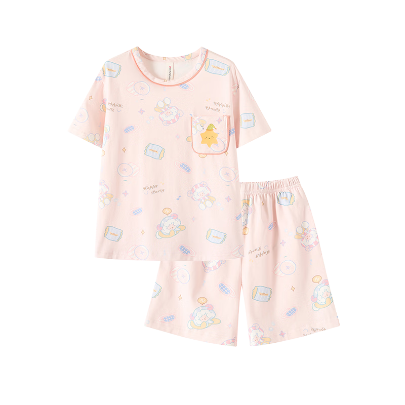 Fenteng Kids Pajamas Girls 100% Cotton Summer Round Neck Loose Cartoon Short Sleeve Shorts Homewear