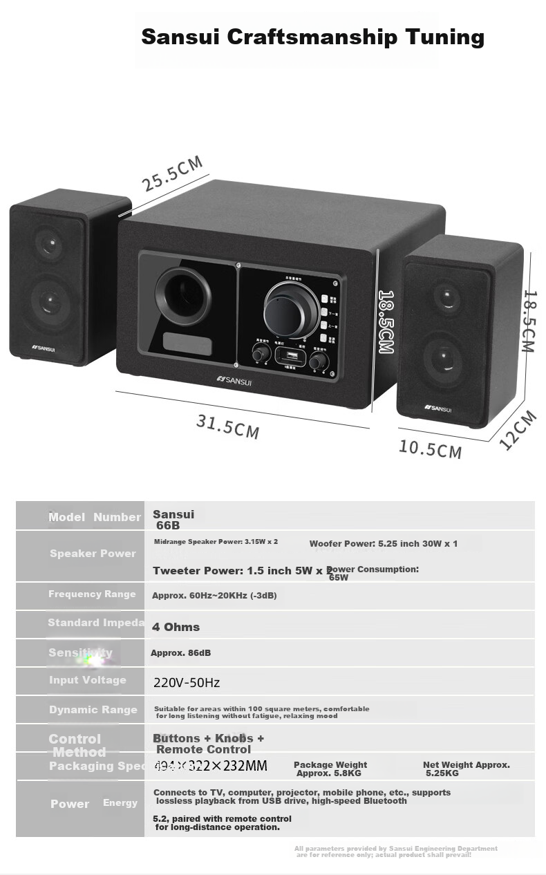 SANSUI 66B Home Subwoofer Wireless Bluetooth Laptop Desktop Computer Speakers Gaming Competitive E-sports Home Theater Hi-Fi Multimedia Speaker 14