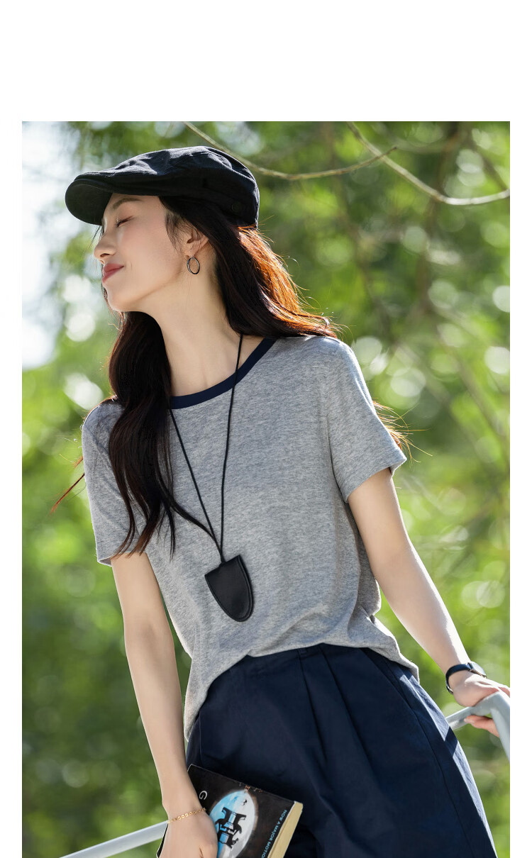 Demana [with Lyocell Wool] Spring Urban Simple Colorblock Crew Neck Short Sleeve Stretch Slim Fit Women's T-Shirt 4