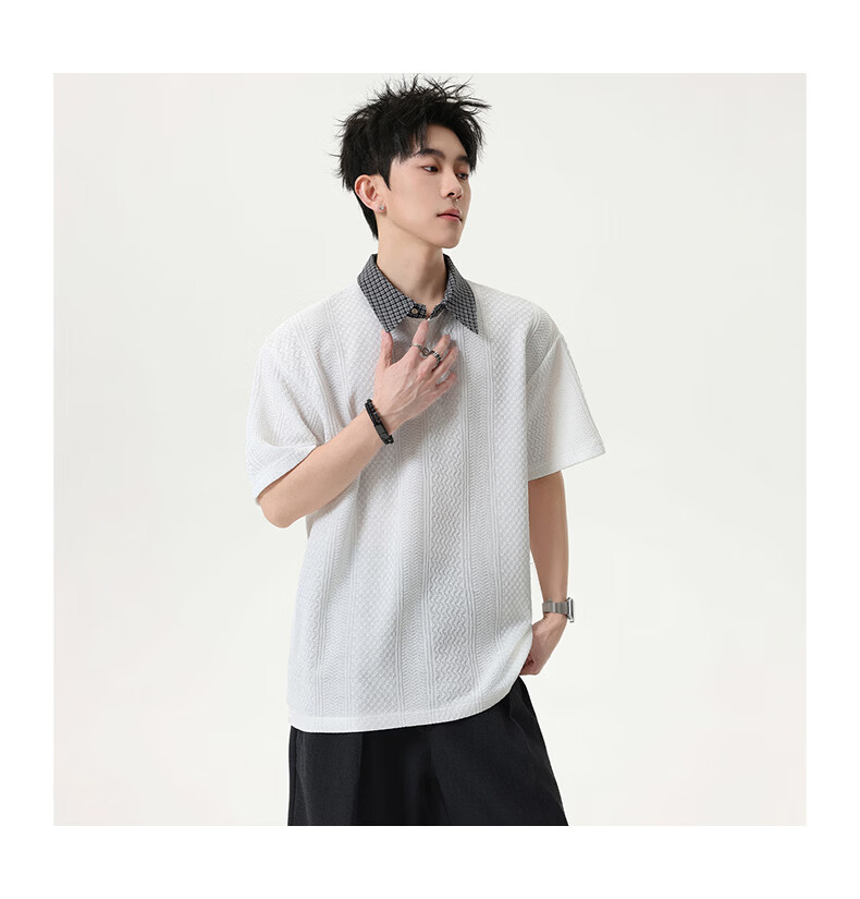 MMOPTOP Vintage Two-in-One Short Sleeve Plaid Jacquard Polo Shirt Men Summer Loose Fit Collared T-Shirt MP21 Black 3XL 9