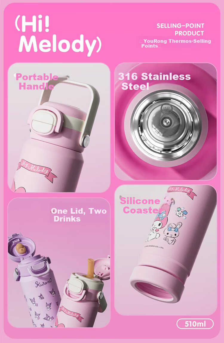 BEDDYBEAR Children's Double Drinking Insulated Bottle Portable Straw Water Cup Student School Carrying Water Bottle 510ml Duoduo Kuromi 1