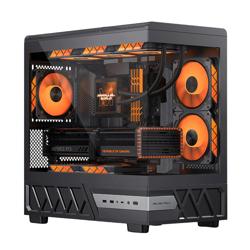 Golden Field Parallel World M Edition Black No Pillar Seaview Case Airflow Cooling Quick Release Design MATX/360mm Water Cooling Support 10Gbps Type-C Mesh Panel