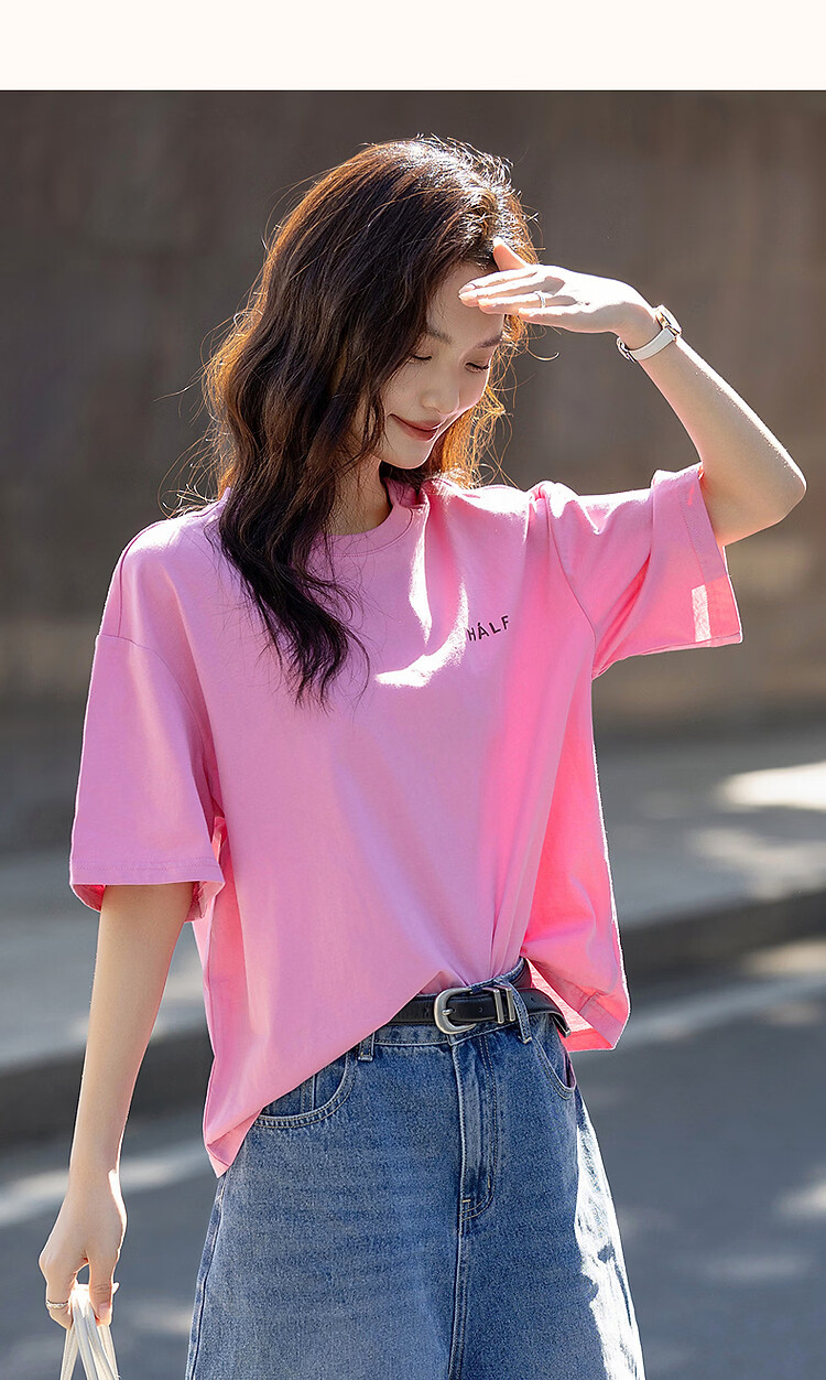 Demana [Comfort 180G Pure Cotton] Summer Simple Style Letter Print Loose Fit Women's 5-Sleeve T-Shirt 11