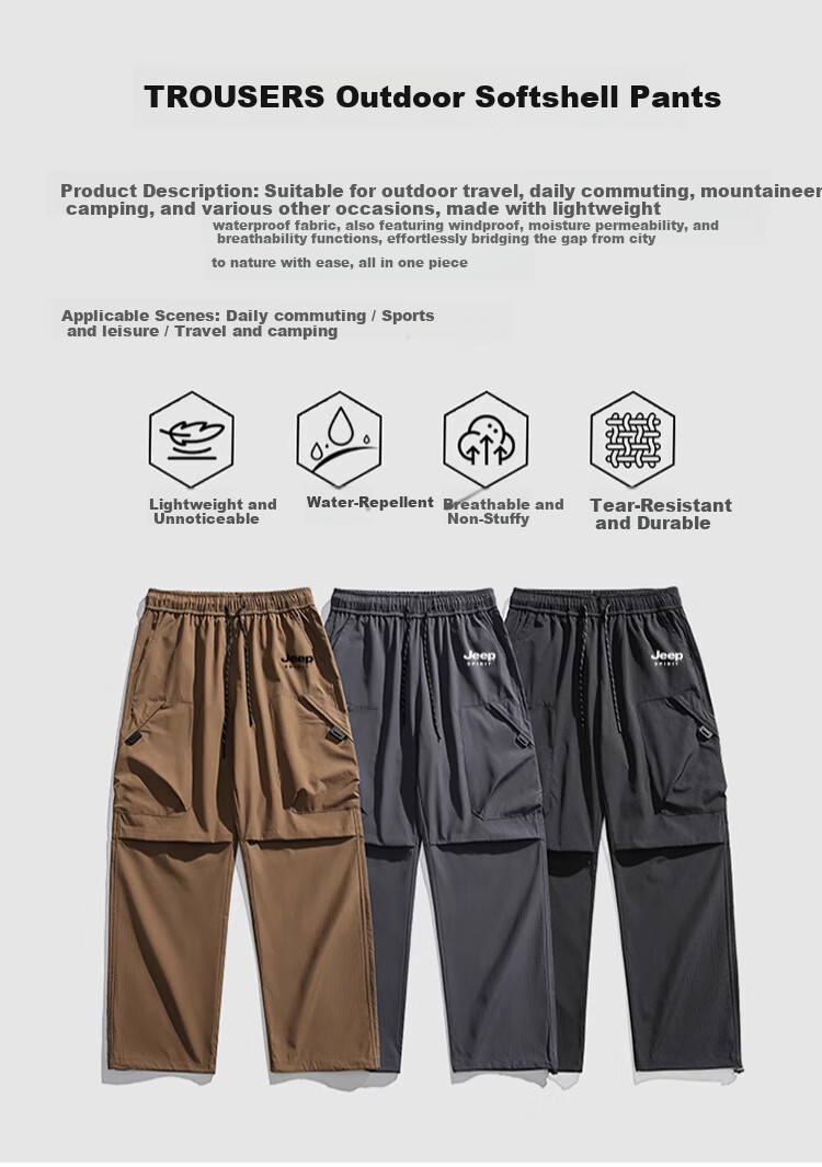 JEEP SPIRIT Men's Casual Pants Autumn Winter Hiking Three-Proof Tactical Cargo Pants Obsidian Black [Composite Fabric] XL 1