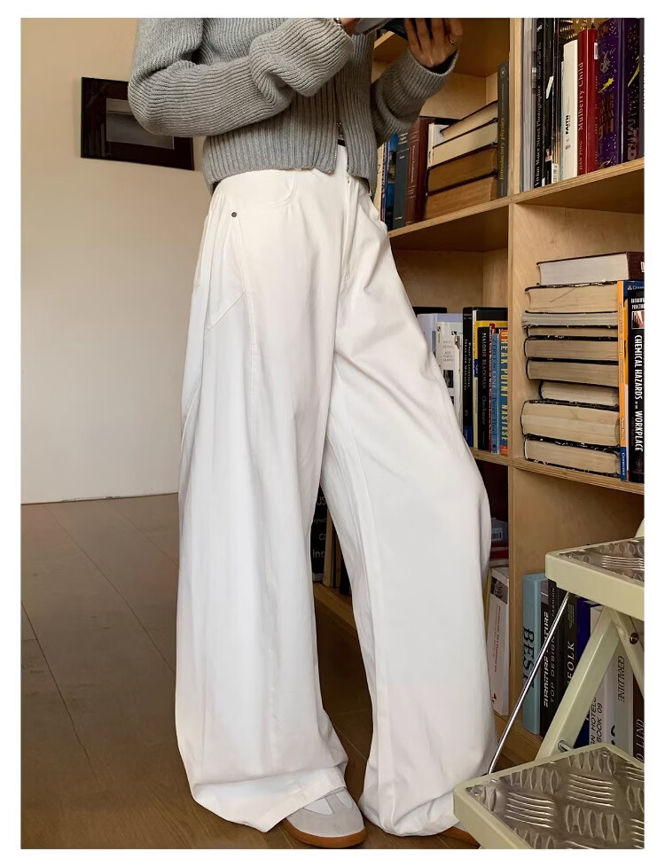 ICH MODE "Versatile Pants King" Spring Summer All-Season Slimming Curved Cut Loose Casual Straight Wide-Leg Pants Off-White S 7
