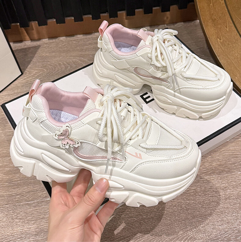 Warrior Official Women's Dad Sneakers 2026 Spring Summer New Thick Sole Height Increasing Casual Sports Shoes Women Pink Beige Size 39 20