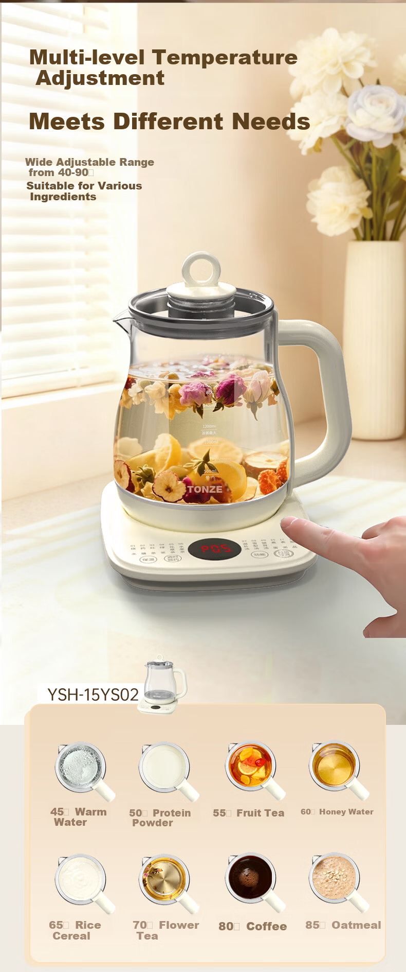 TONZE 1.5L Automatic Health Pot Electric Kettle with 24H Reservation, 12H Intelligent Temperature Control, Memory Handle, Flower Tea Kettle 15YS02 7